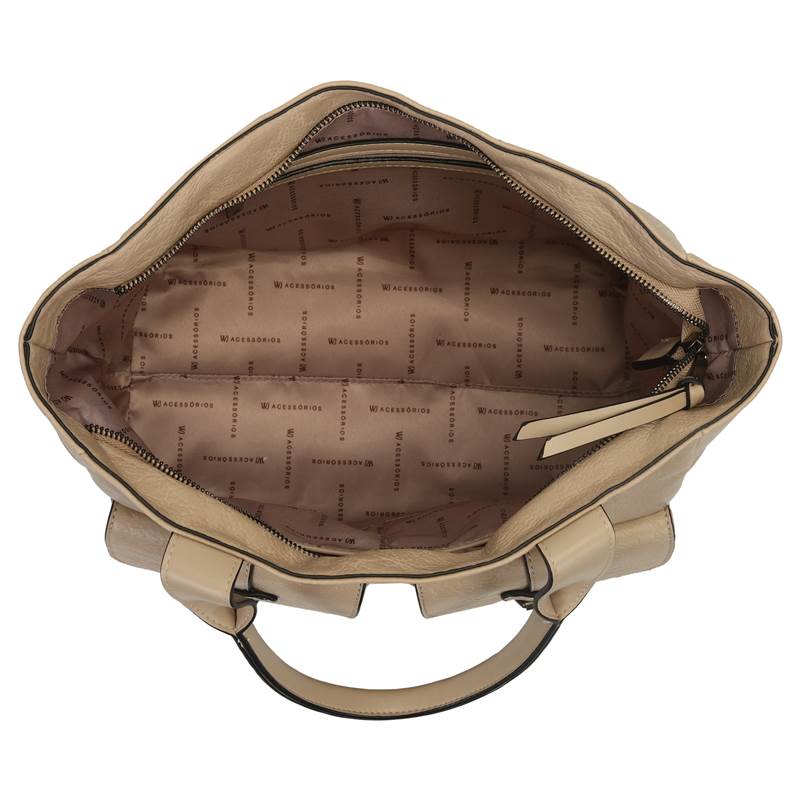 Visão interna da bolsa WJ bege aberta mostrando forro personalizado e bolso com zíper